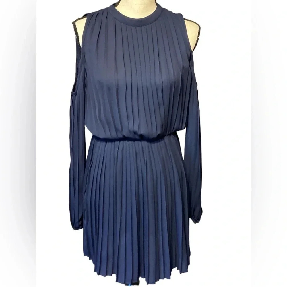 Navy blue pleated cold shoulder dress
